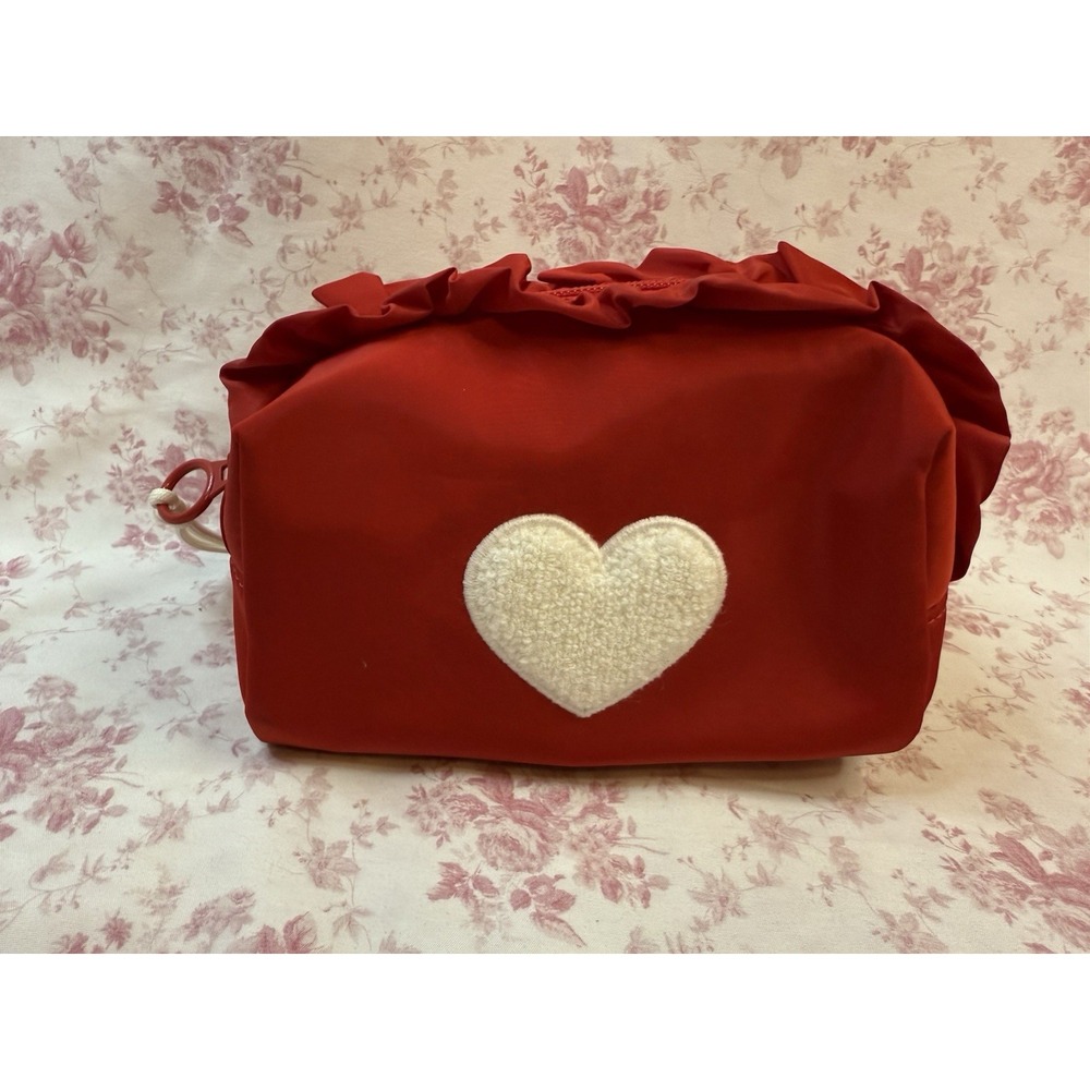 Art Class Red Ruffle Makeup Cosmetic Bag White Heart 5x8"